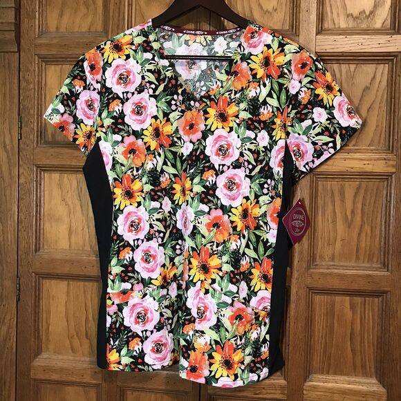 Divine Stretch Top Women's L  Floral Poly Blend Scrubs 3 Pocket SS V-Neck Scrubs - Picture 1 of 12